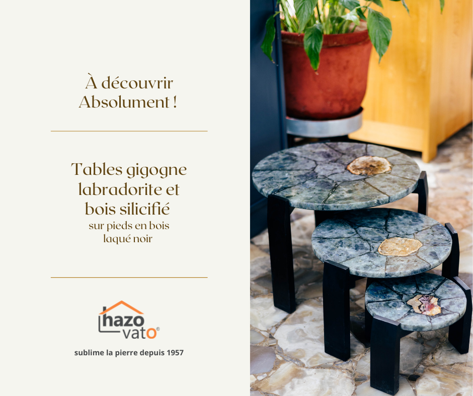 A découvrir absolument! Tables gigogne en labradorite & bois silicifié.