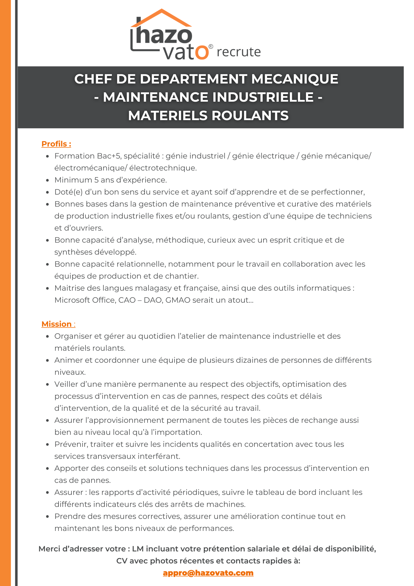 CHEF DE DEPARTEMENT MECANIQUE  - MAINTENANCE INDUSTRIELLE -  MATERIELS ROULANTS