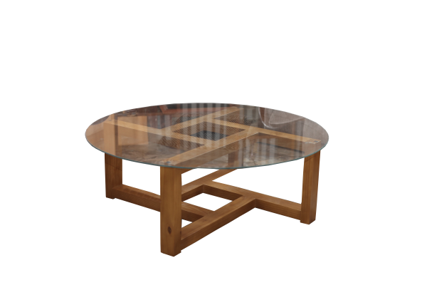 Table basse  avec dessus vitré rond 92cm en Pin 