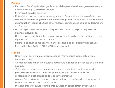 CHEF DE DEPARTEMENT MECANIQUE  - MAINTENANCE INDUSTRIELLE -  MATERIELS ROULANTS